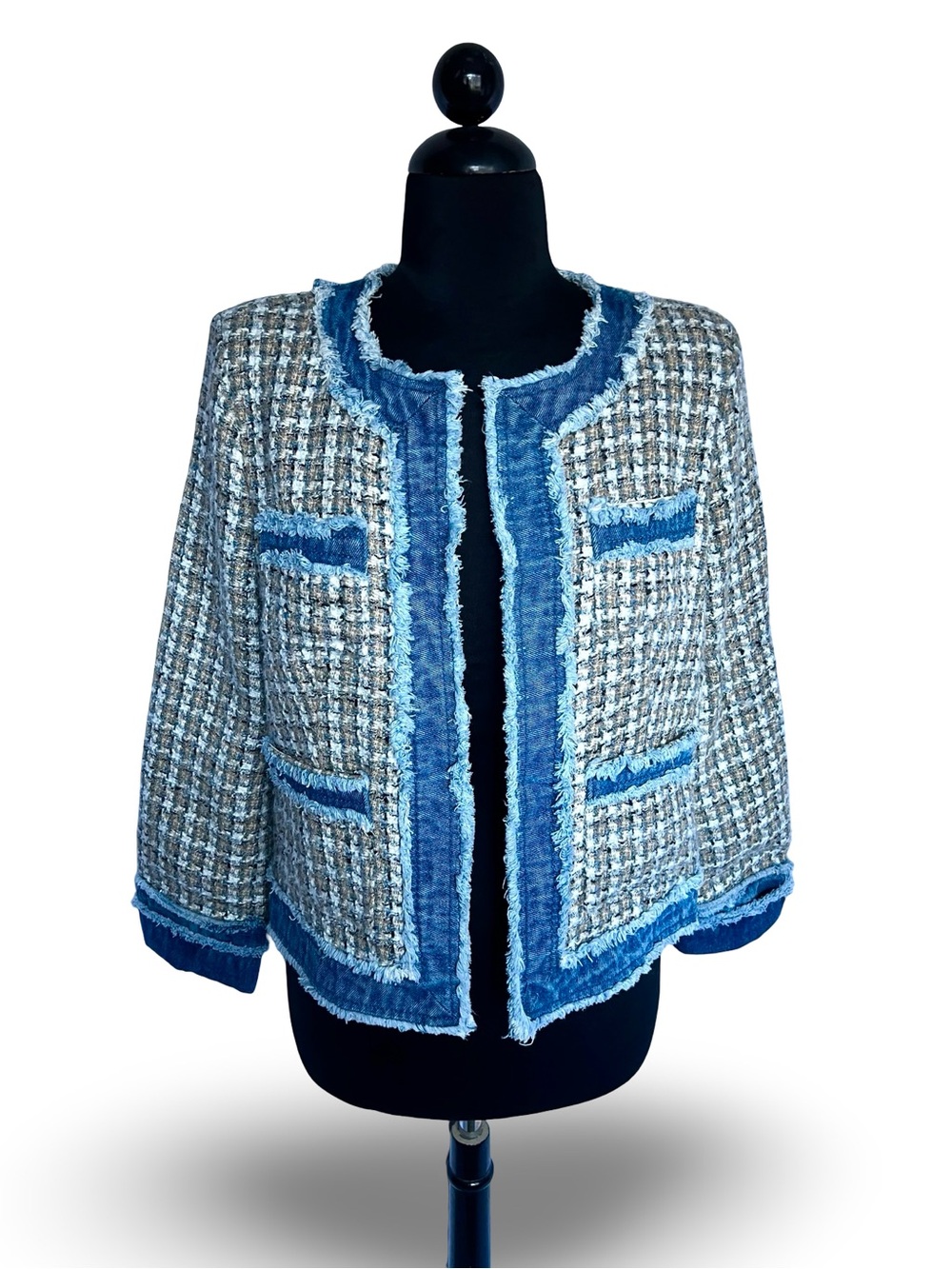Nanette Lepore Blue Tan Tweed Denim Trim Blazer Jacket Women's Size Medium